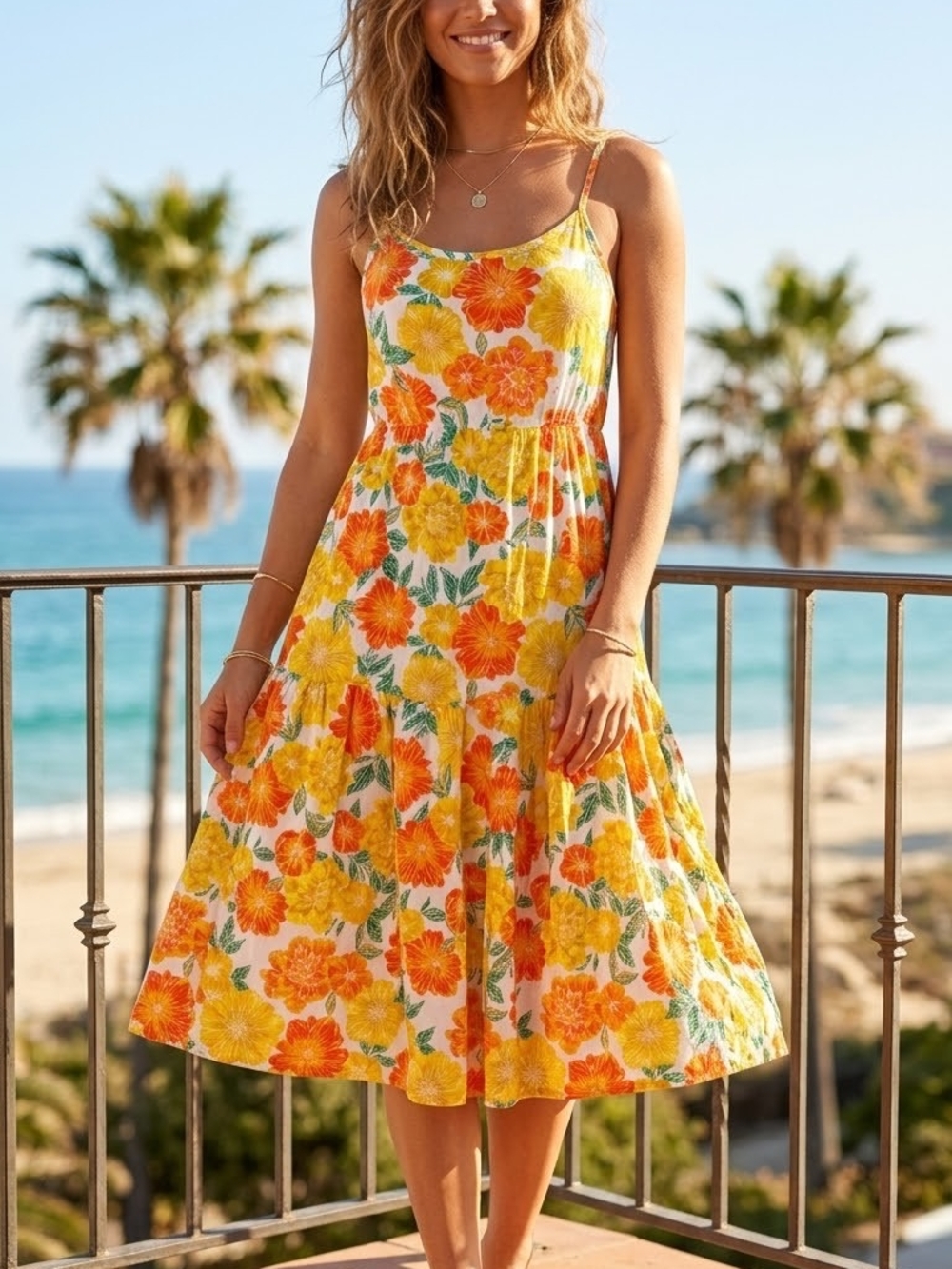 Floral Spaghetti-Strap Sundress in Yellow & Orange